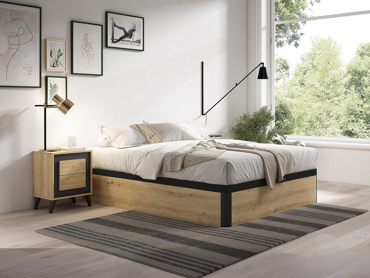 BETTGESTELL mit Bettkasten - 2 Personen - Holz, Platte - Schwarz, Naturfarben Hell - Schwarz/Naturfarben, Holz (140/200cm) - Vente-Unique