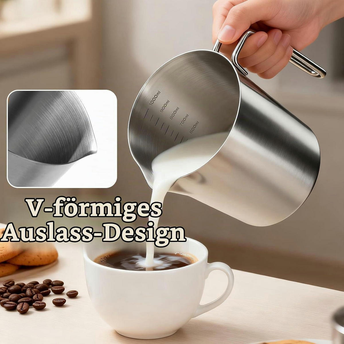 MESSBECHER Edelstahl 1000ml mit Feinskala - Silberfarben, Metall (1L)