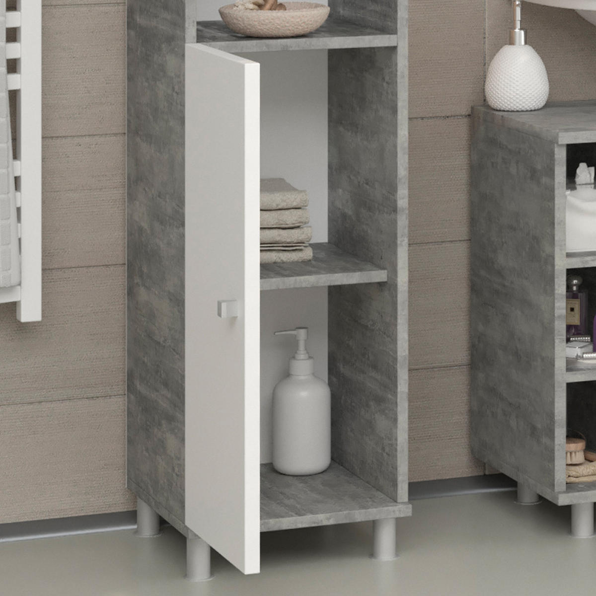 BADSCHRANK Fynn Beton 30 x 190 cm - Schieferfarben/Weiß, Holzwerkstoff (30/190/30cm) - Vicco