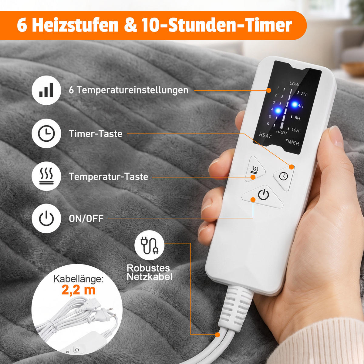 HEIZDECKE Thromel 200/180 cm - Dunkelgrau/Weiß, Textil (180/200cm) - ZMH