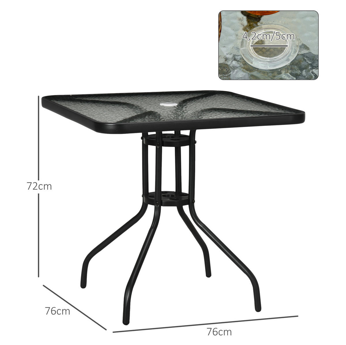 GARTENTISCH aus Metall 76x76x72 cm Schwarz mit Schirmloch - Naturfarben, Metall (76/76/72cm) - Modfu