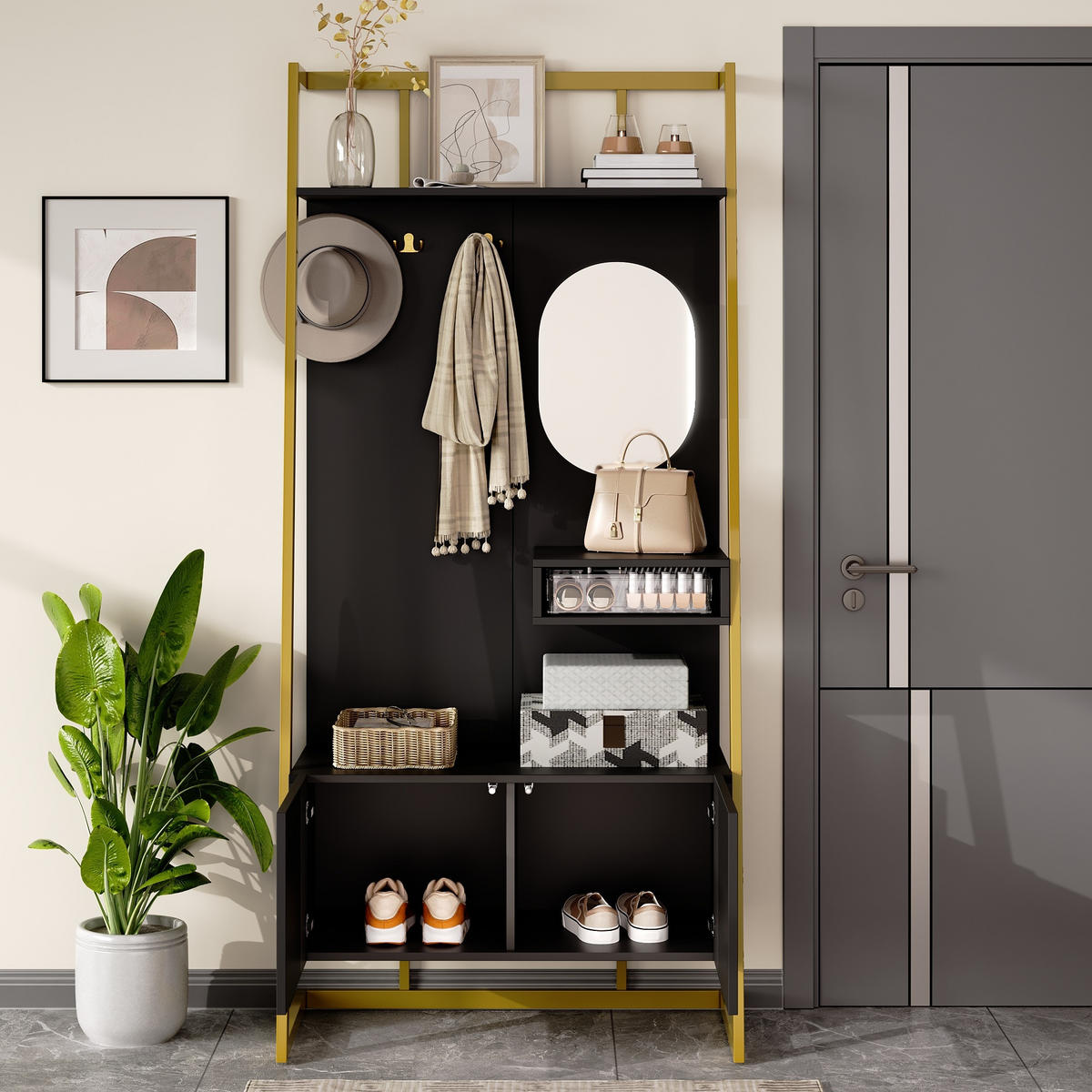 GARDEROBE-SET in Schwarz und Gold Flurgarderobe mit Spiegel und Schuhbank für Flur, B78/T38.5/H180.5 cm - Goldfarben/Schwarz, Glas/Holzwerkstoff (78/180.5/38.5cm) - STILVORA