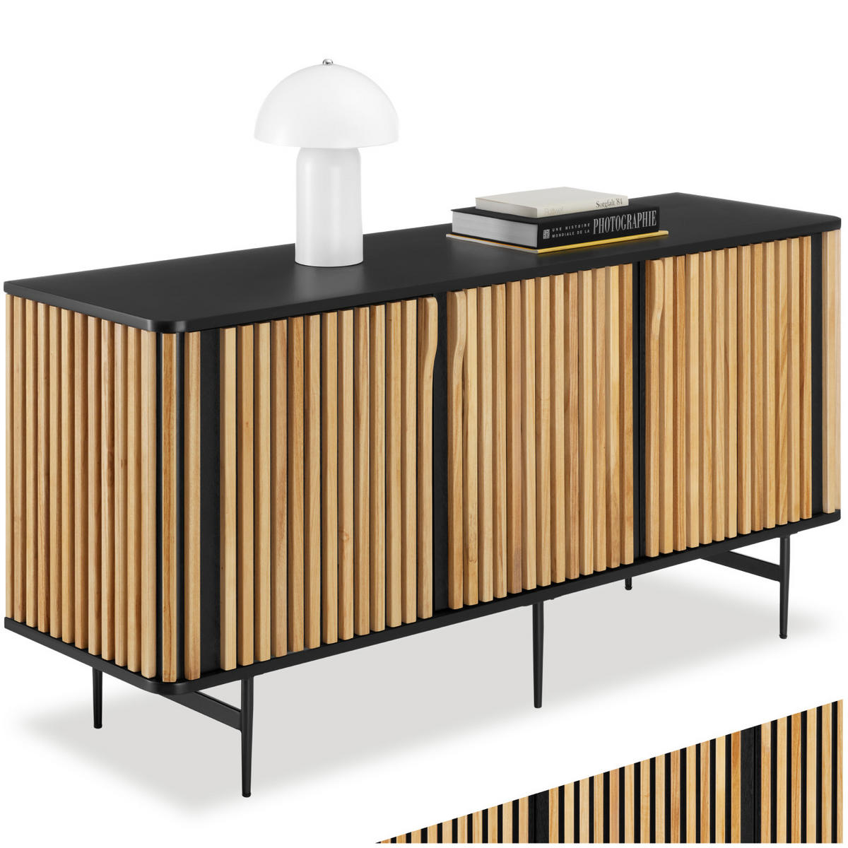 SIDEBOARD Lineo,156 x 45,5 x 74 cm, höhenverstellbare Füße,schwarz/braun - Schwarz/Braun, Holz (156/74/45.5cm) - tectake