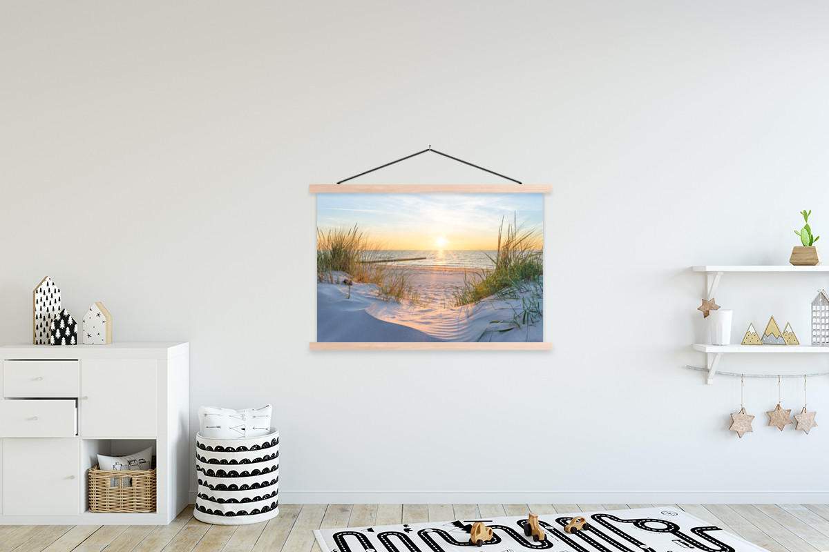 POSTER Strand - Sonne - Düne - Gras - Sand - Horizont 120x80 cm - Hellblau, Textil (120/80/0.15cm) - MuchoWow