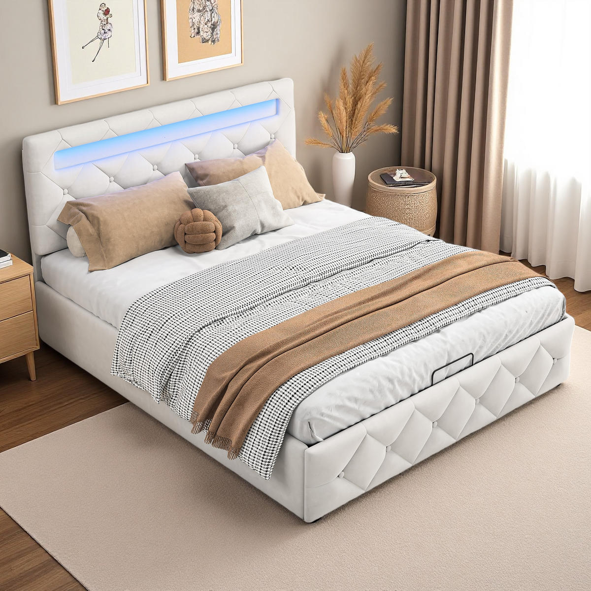POLSTERBETT 140x200 cm Apricot Stoff LED USB Gaslift Bettkasten - Beige, Holz (140/200cm) - SHOPENTRA