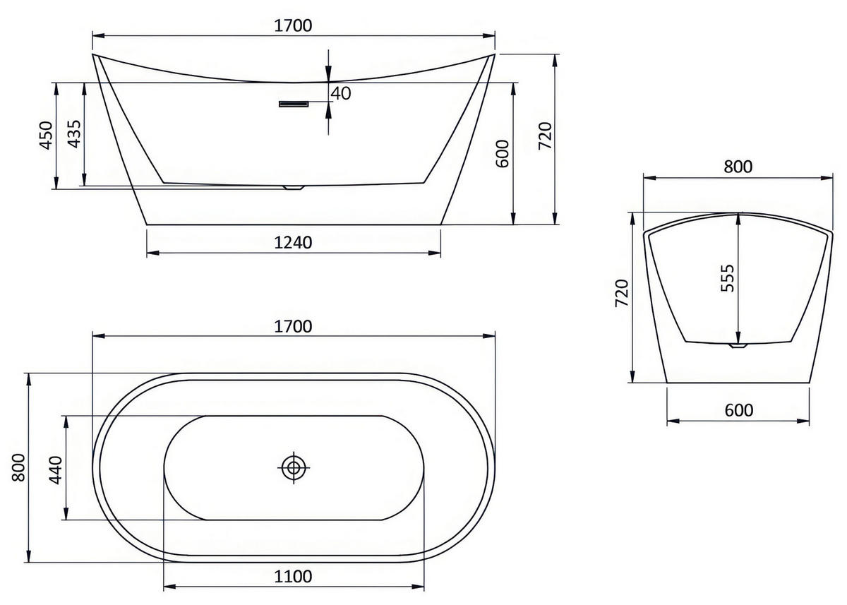 BADEWANNE rossa freistehend 170x80 cm, Set mit Klick-Klack-Ablauf - Weiß, Kunststoff (80/72/170cm) - bad land