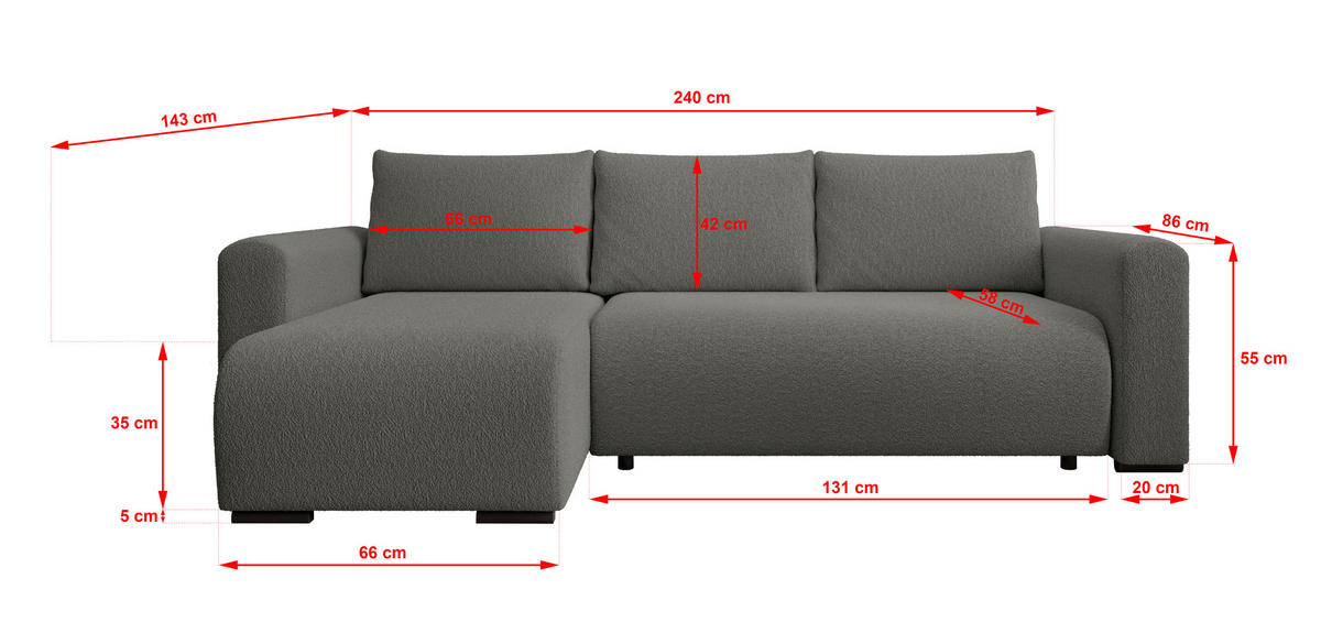 ECKSOFA DORA L, Eckcouch in L-Form mit Schlaffunktion und Bettkasten, Farbe: Dunkelgrau, Bouclé-Stoff, Ottomane Links - Dunkelgrau, Textil (240/143cm) - Storez24