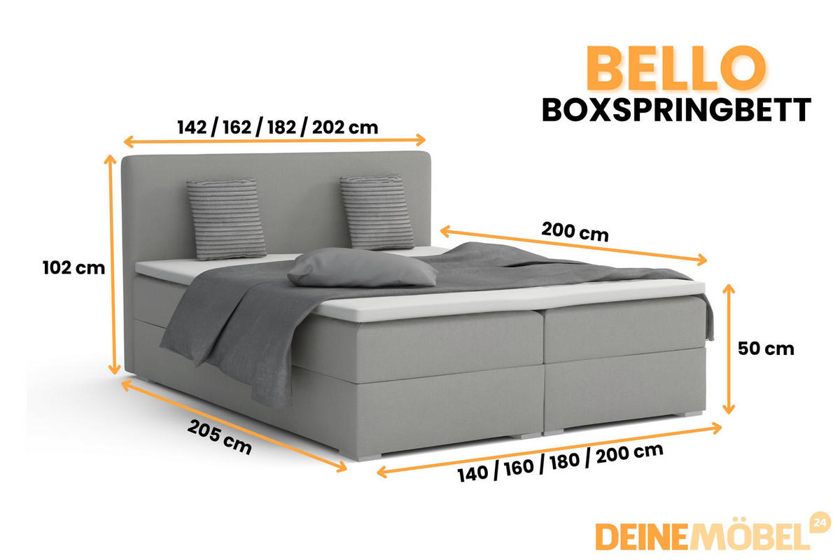 BOXBETT BELLO 200x200 in Velour Hellgrau H3 - Hellgrau, Holz/Holzwerkstoff (200/200cm) - Deine Möbel 24