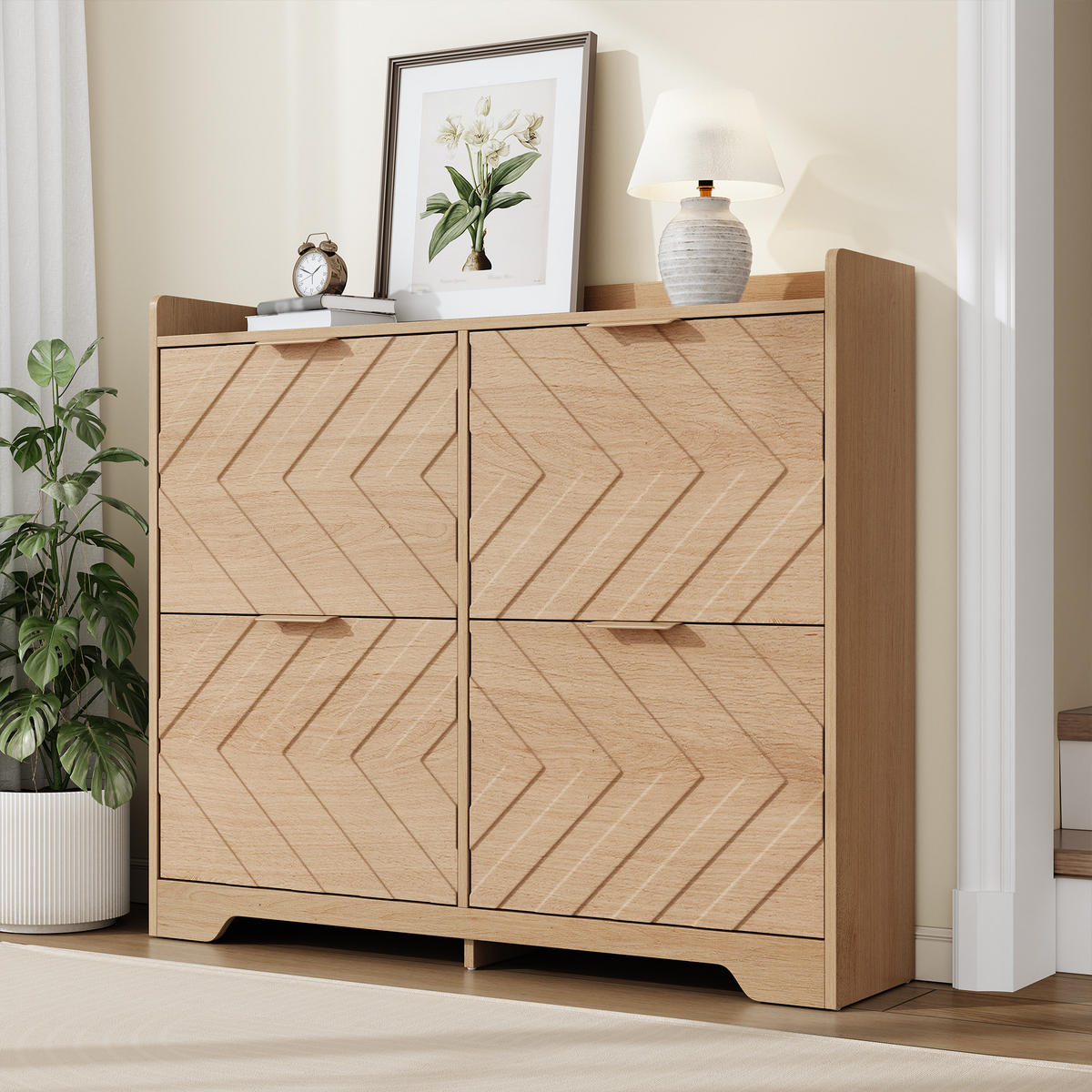 SCHUHSCHRANK 4 Klappen 3D Front mit Ablage - Naturfarben, Holz (105/90/24cm) - LEBENLANG