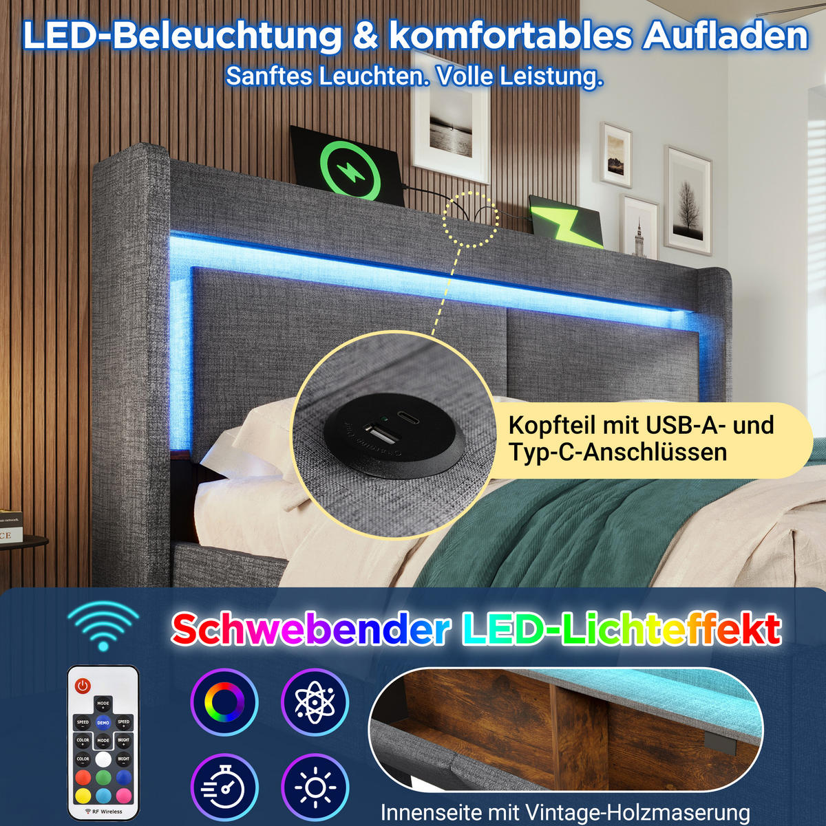 POLSTERBETT mit Bettkasten 140/200 cm grau mit LED & USB-C - Grau, Textil (140/200cm) - BEAOK