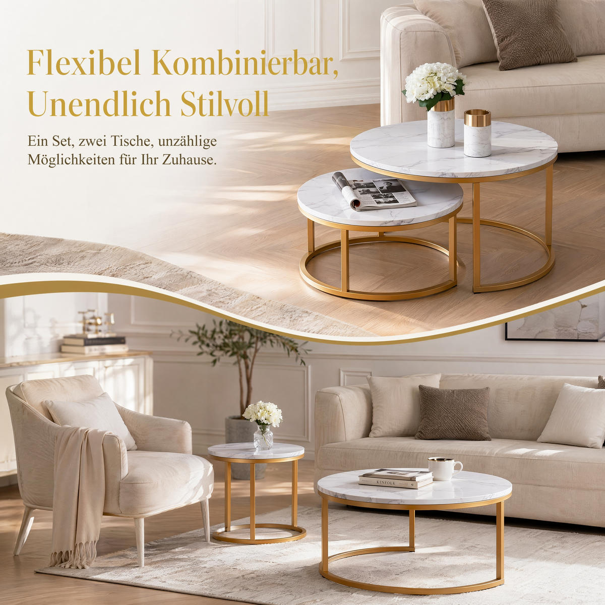 COUCHTISCH 2-TEILIGES SET Rund Weiß Marmoroptik Gold Metall Tisch - Weiß, Metall (80/33/45cm) - SHOPENTRA