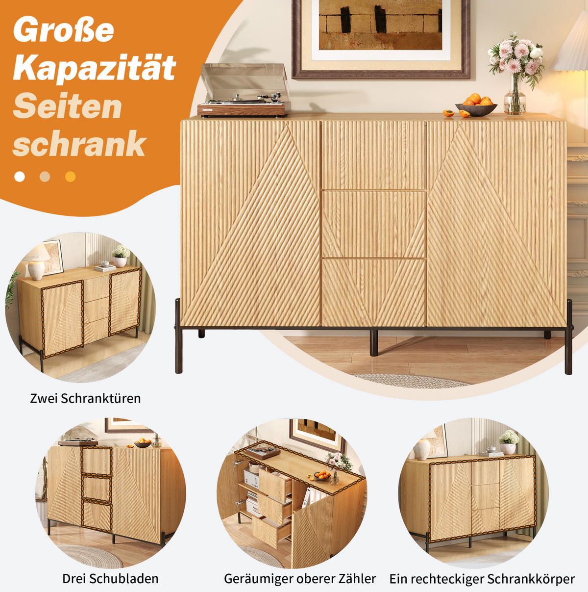 SIDEBOARD 115,5/40/76 cm Natur aus MDF mit Türen und Schubladen - Naturfarben, Holzwerkstoff (115.5/76/40cm) - OKWISH
