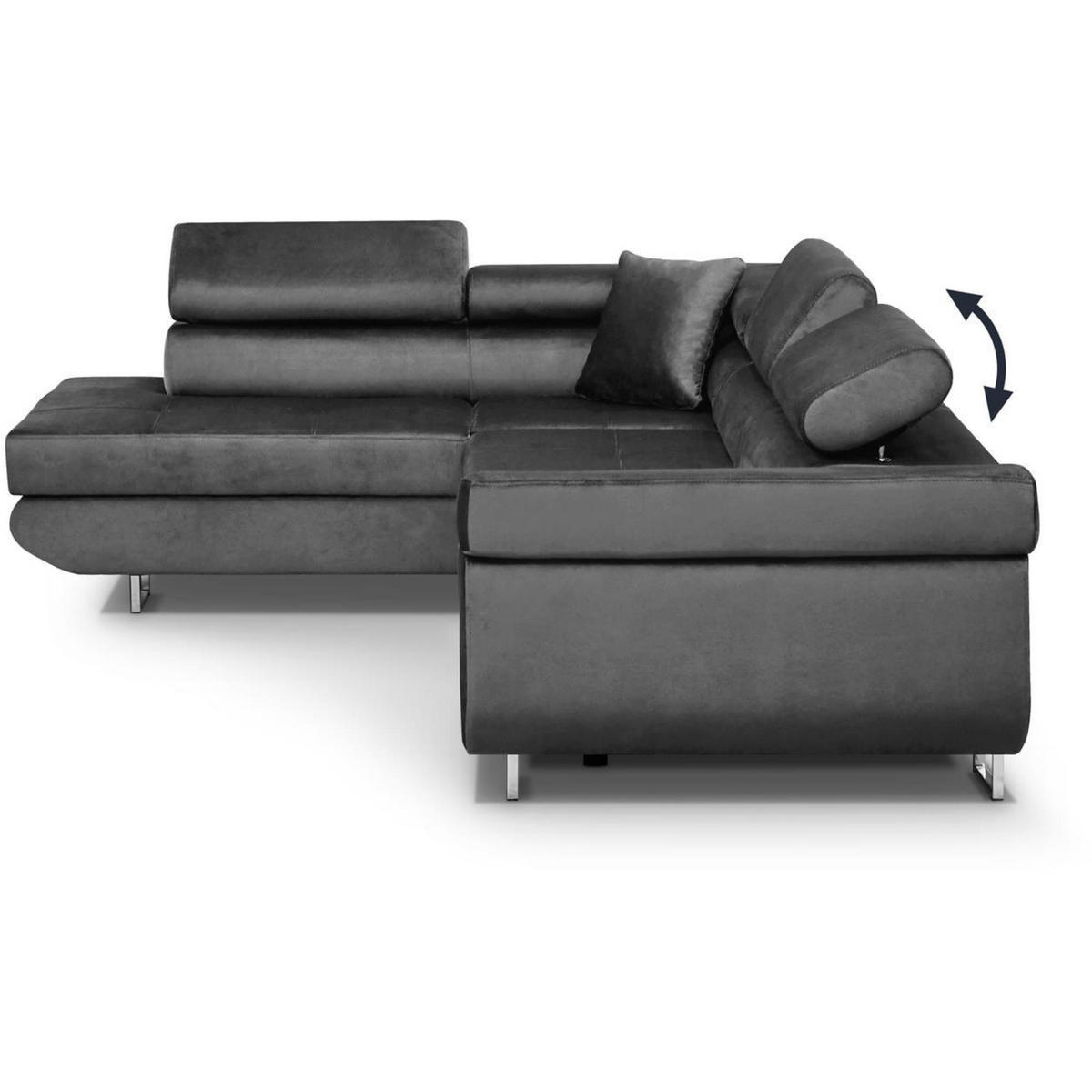 ECKSCHLAFSOFA Waldo verstellbaren Kopfstützen, Grau, links - Schwarz/Grau, Textil (275/203cm) - Beautysofa