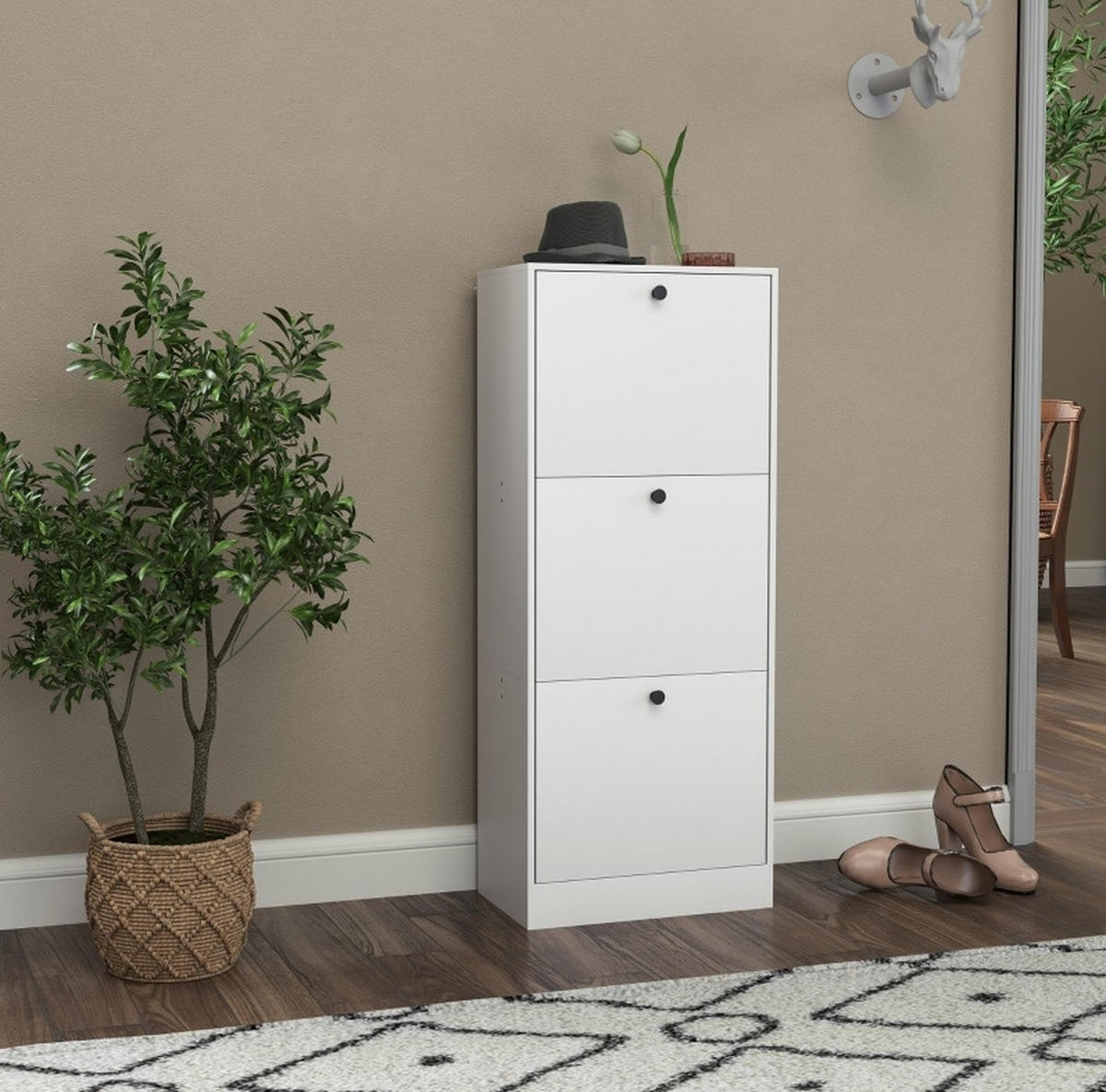 SCHUHSCHRANK mit 3 Klappen 47 x 28 x 115 cm Holz White - Weiß, Holz (28/115/47cm) - Beauniv