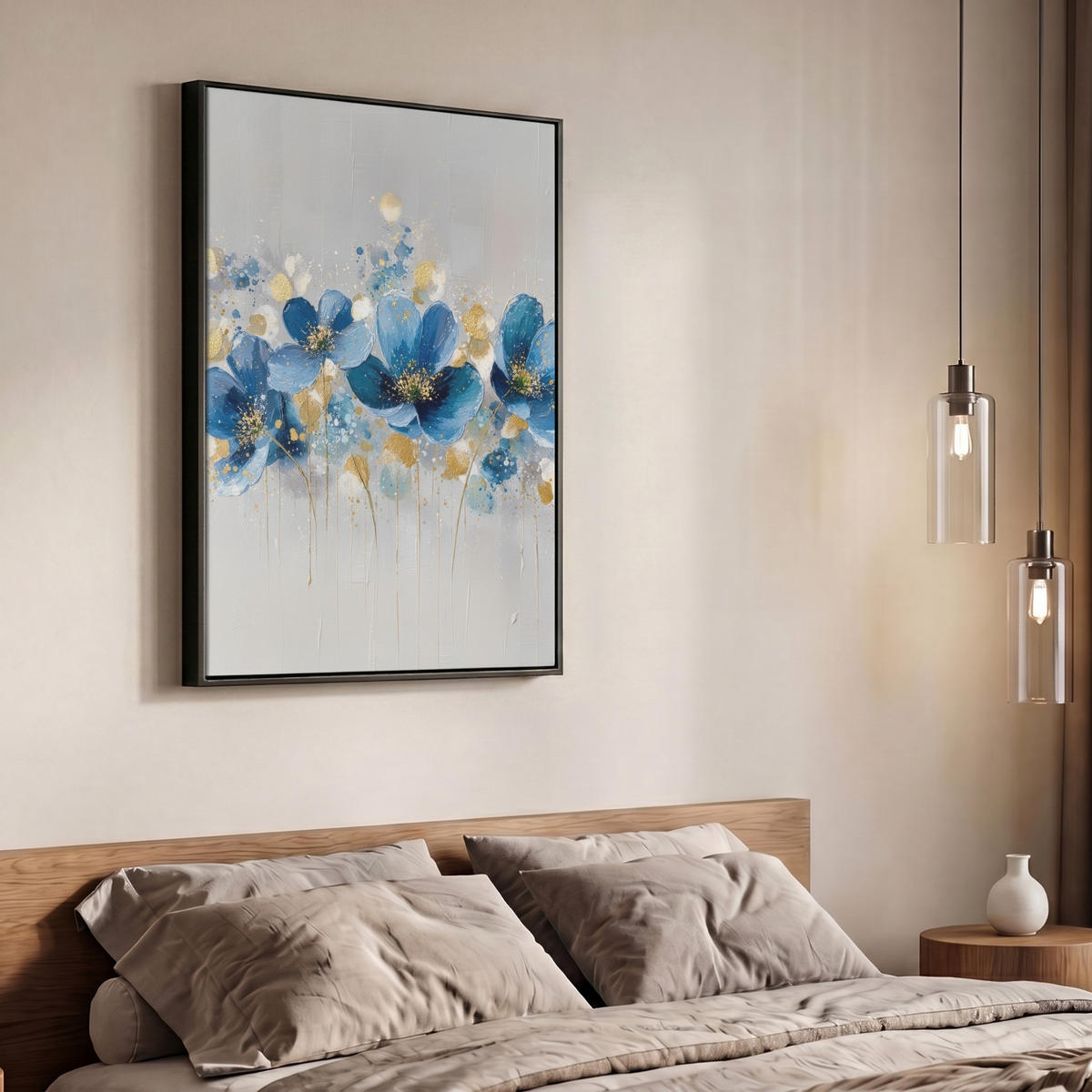 LEINWAND Bilder mit Rahmen - Blumen - Blau - Abstrakt - 70x100 - Hellgrau, Textil (70/100cm) - MuchoWow