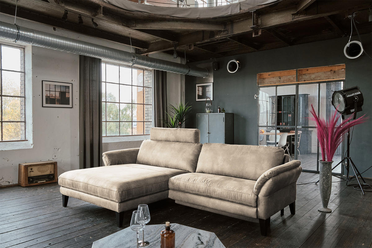 ECKSOFA MALTA Beige Webstoff - Beige/Schwarz, Buchenholz/Textil (302/175cm) - KAWOLA