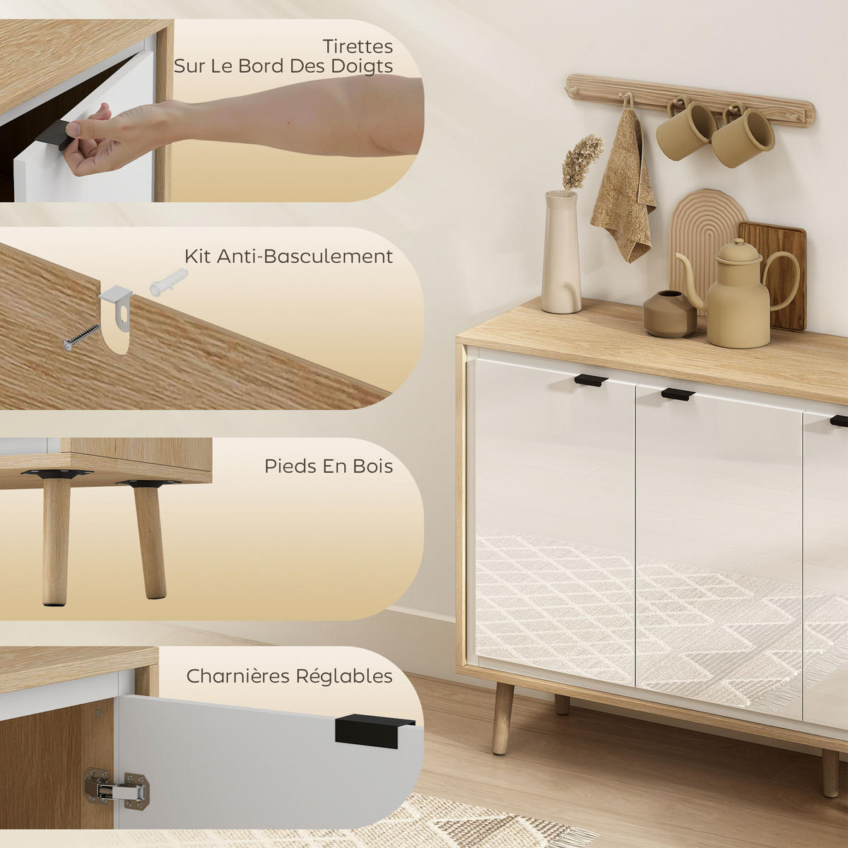 SIDEBOARD DE-11236 3 Türen & verstellbare Böden Weiß/Eiche - Weiß, Holzwerkstoff (107/77/35cm) - ComfortXL