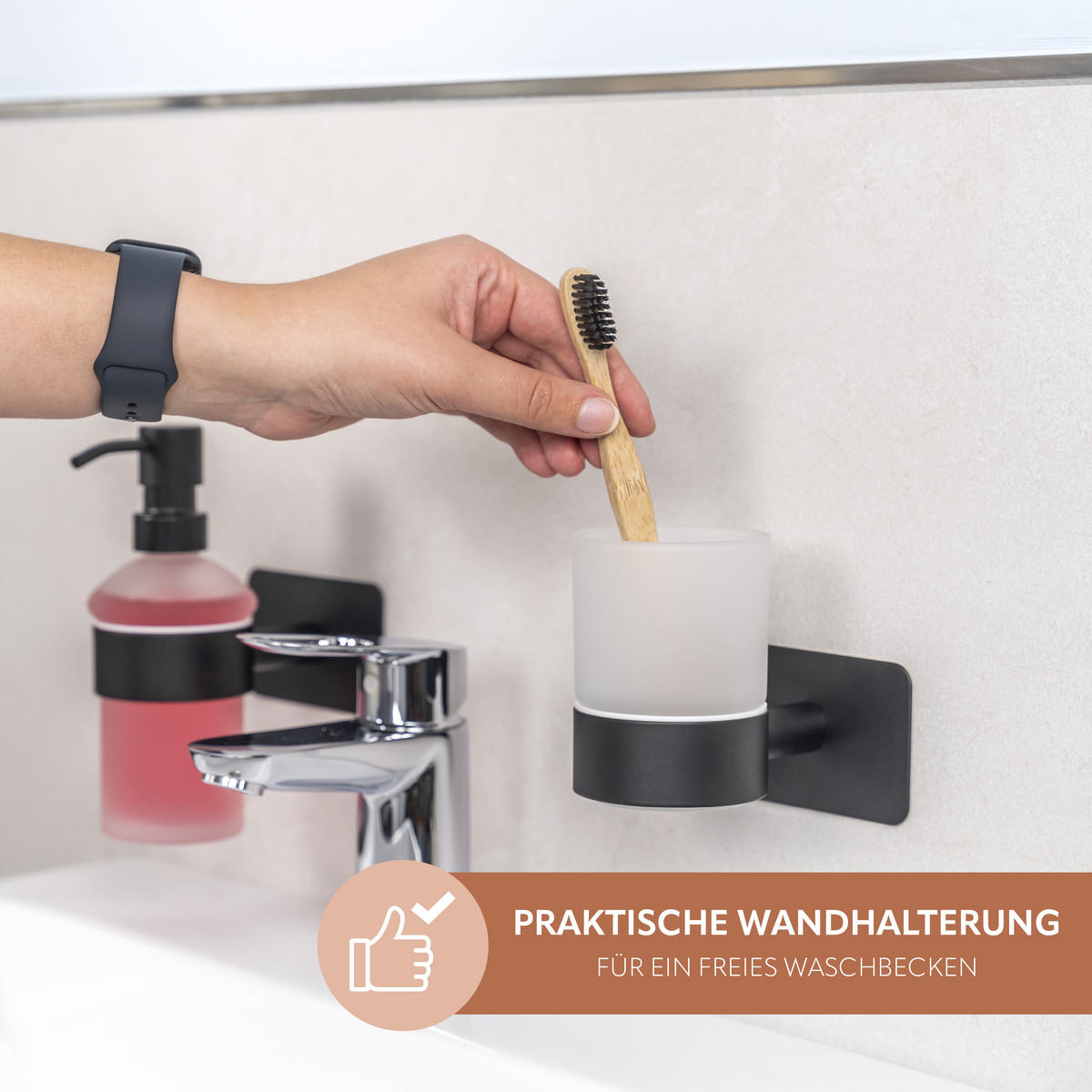 ZAHNPUTZBECHER PIAZZA mit Kleber - Schwarz, Metall (9/11/11cm) - bremermann