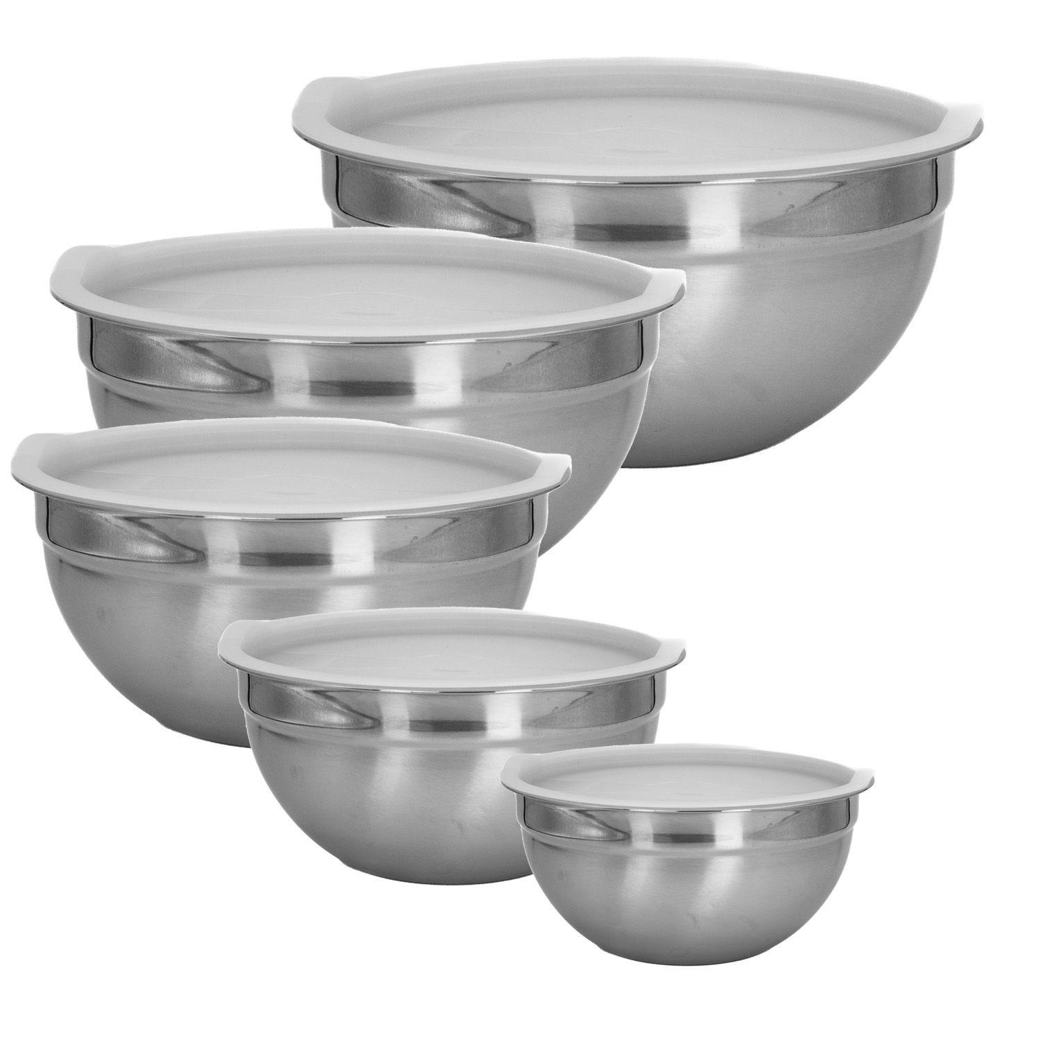 SALAT RÜHRSCHÜSSEL Set mit Deckeln in verschiedenen Größen (5-tlg.) - Silberfarben, Metall (22cm) - Intirilife