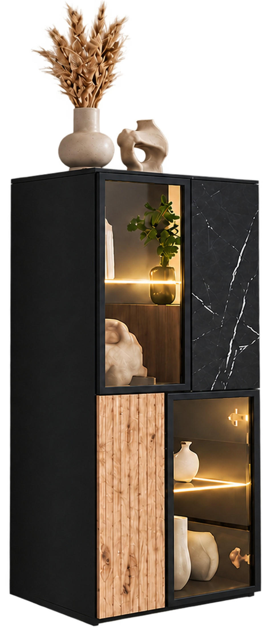 VITRINE schwarz, Vicking Eiche und Marmor schwarz 60 x 122 cm, Vitrinenschrank inklusive LED-Beleuchtung - Eichefarben/Schwarz, Glas/Holzwerkstoff (60/122/37cm) - Inn.Furn