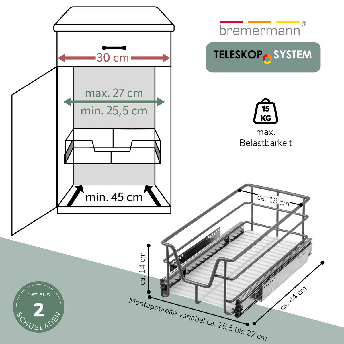 TELESKOPSCHUBLADEN (2er Set), für 30 cm Schrank, Metall, Grau - Grau, Metall (27/14/44cm) - bremermann