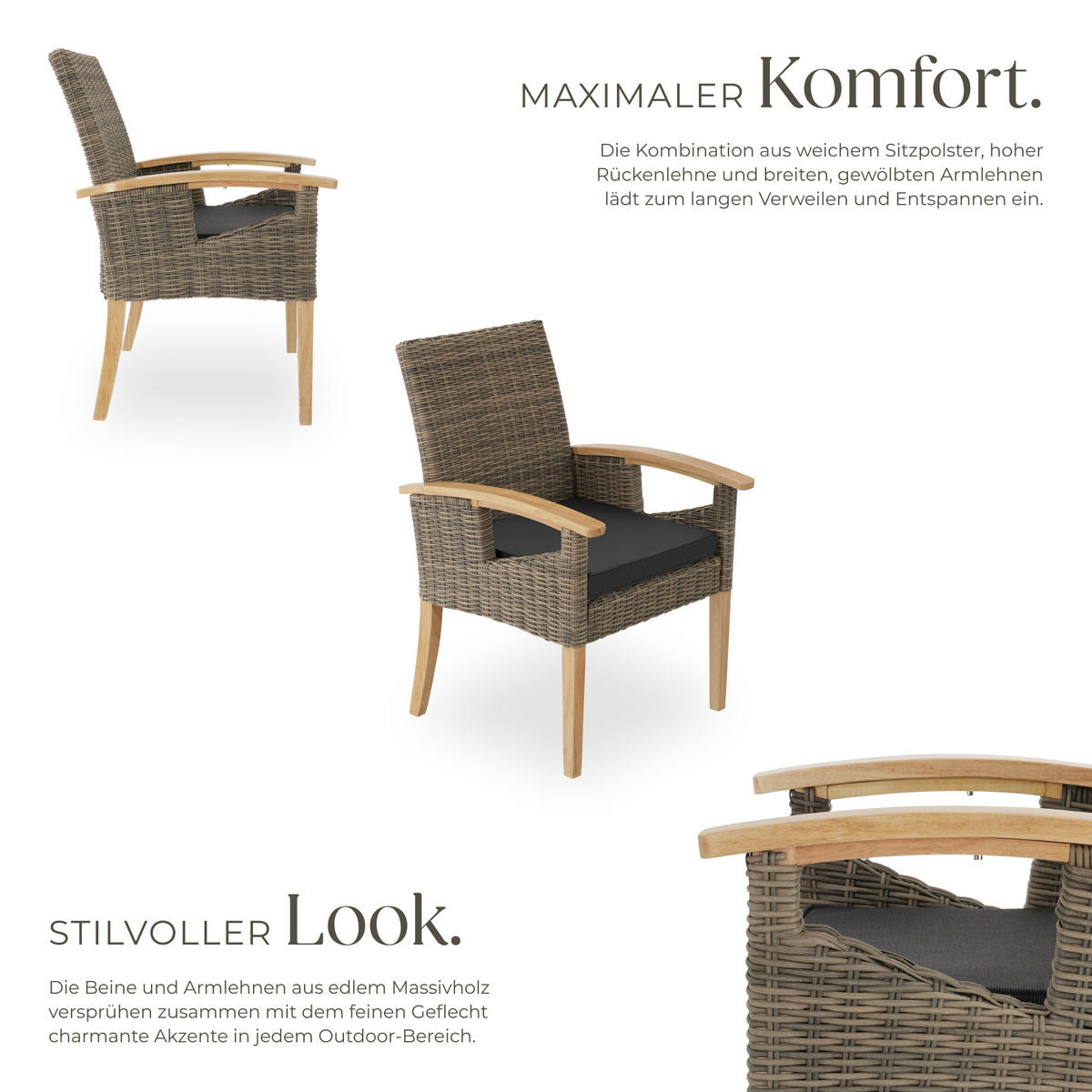 RATTAN STUHL Rosarno,inklusive Sitzpolster, 62,5 x 71,5 x 94 cm,natur - Naturfarben, Kunststoff (62.5/94/71.5cm) - tectake