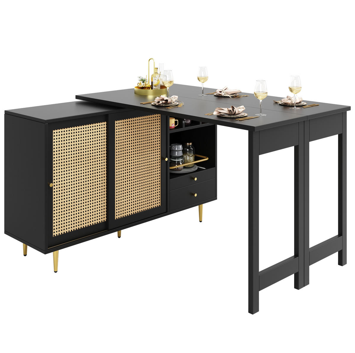 BARSKA miza 107/40/71,4 cm z 360° vrtljivo in razširljivo ploščo, prostorom za shranjevanje in rattan vrati, Črna - črna, leseni material (40/71.4/107cm) - Redom