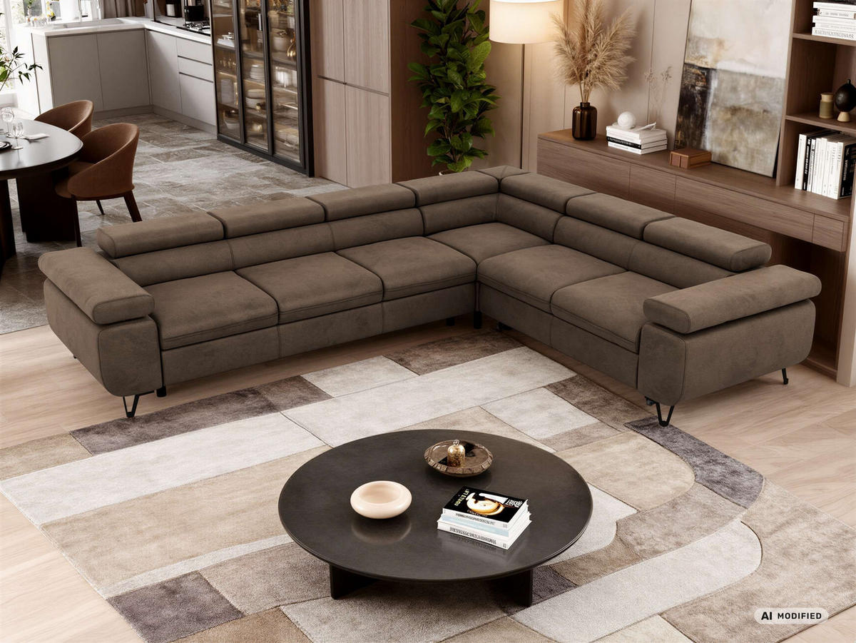 ECKSOFA NORDEN L - Braun Velvet - Links Seite - Dunkelbraun/Schwarz, Textil/Metall (269/329cm) - MKS