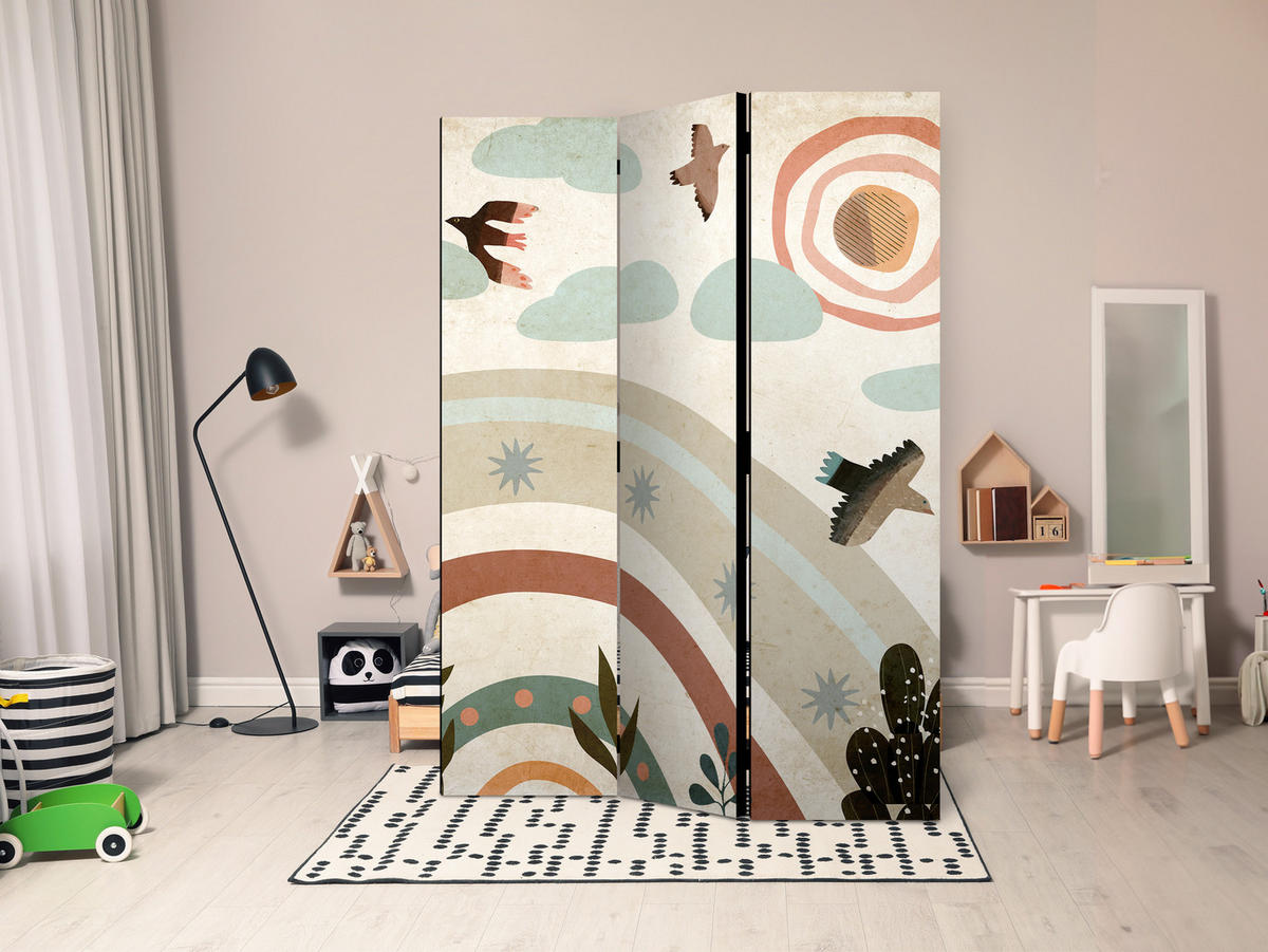 PARAVENT Einseitig Bedruckter 3-tlg 135x172 cm Regenbogen V gel Boho - Multicolor, Holz/Textil (135/172/3cm) - Muralo