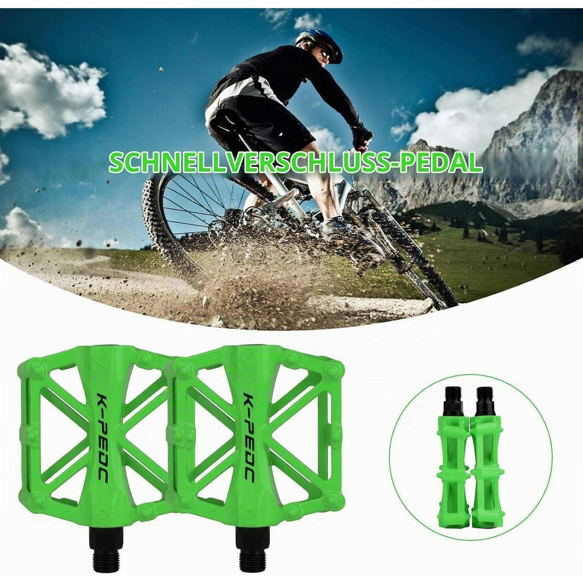 FAHRRAD Pedale Aluminium MTB/BMX Bike Pedale mit Anti-Rutsch-Pins 9/16 Zoll Grün - Grün, Metall (9.8/1.5/9.2cm)