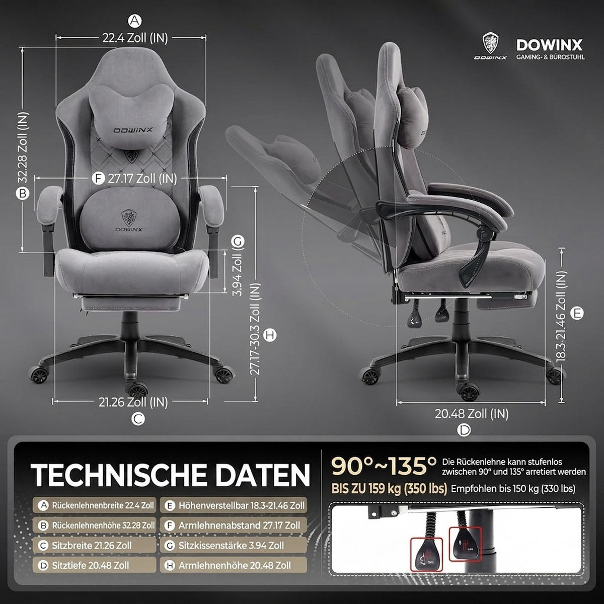 GAMINGSTUHL U-förmiger Kopfstütze, 155° verstellbarer Rückenlehne,360° - Grau, Textil (69/129/54cm)