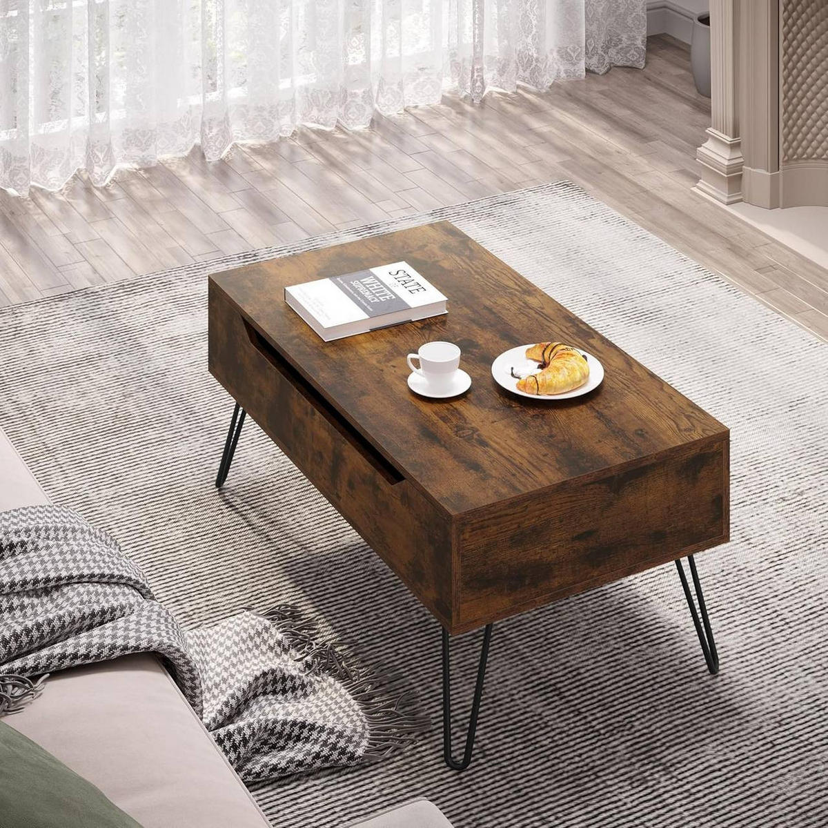 COUCHTISCH mit Stauraum, Metallbeine, Rustikales Braun - Dunkelbraun, Holzwerkstoff/Metall (50/95/40cm) - Woltu