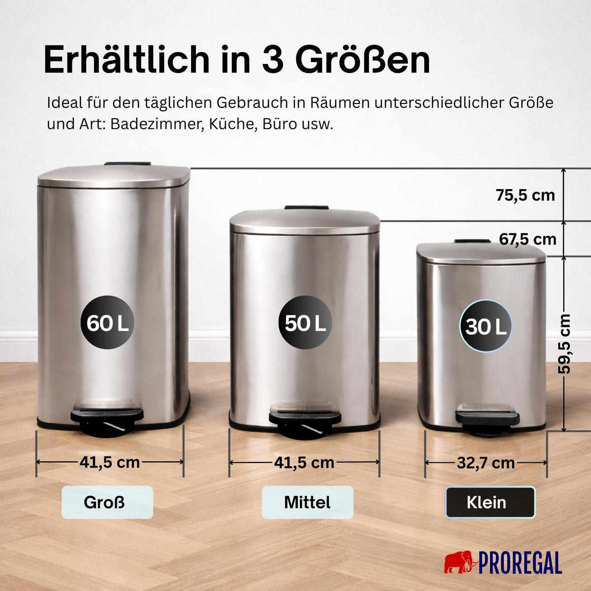 MÜLLEIMER 30 Liter mit Softclose & Fußpedal - Silberfarben, Metall (32.7/59.5/38cm) - PROREGAL