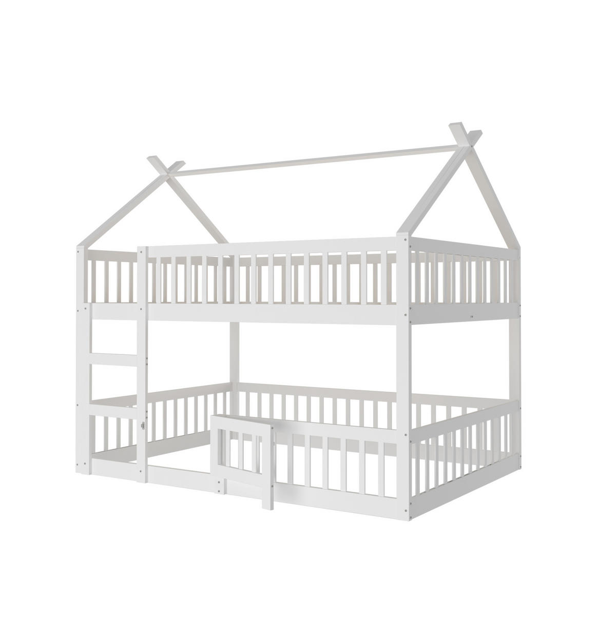 HAUSBETT 140/200 cm aus Holz mit Treppe und Sicherheitsumrandung in Weiß - Weiß, Holz (140/200cm) - BEAOK