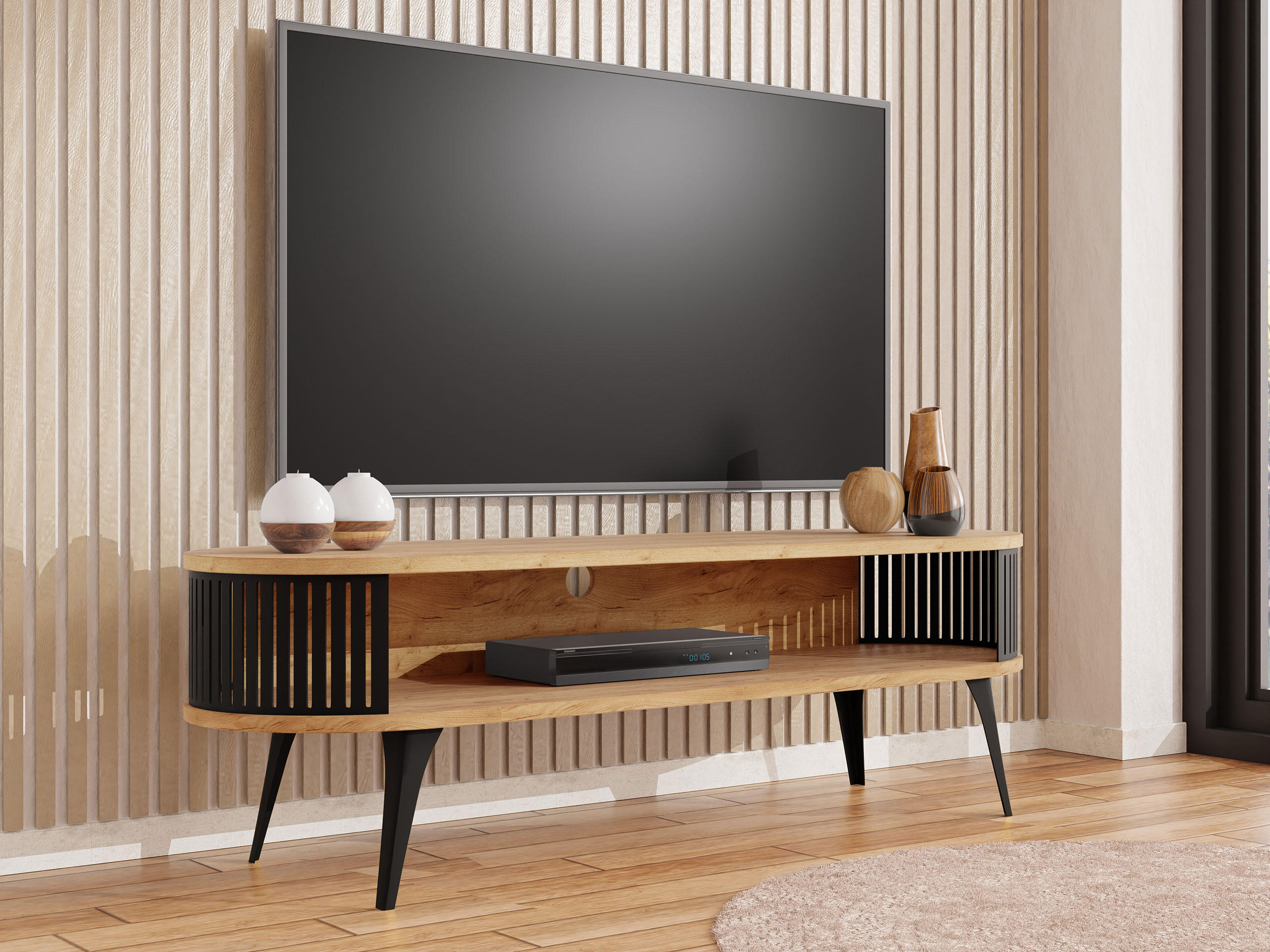 TV-LOWBOARD Roenni Oval - Eichefarben/Schwarz, Holzwerkstoff/Metall (140/44/40cm) - MIRJAN24