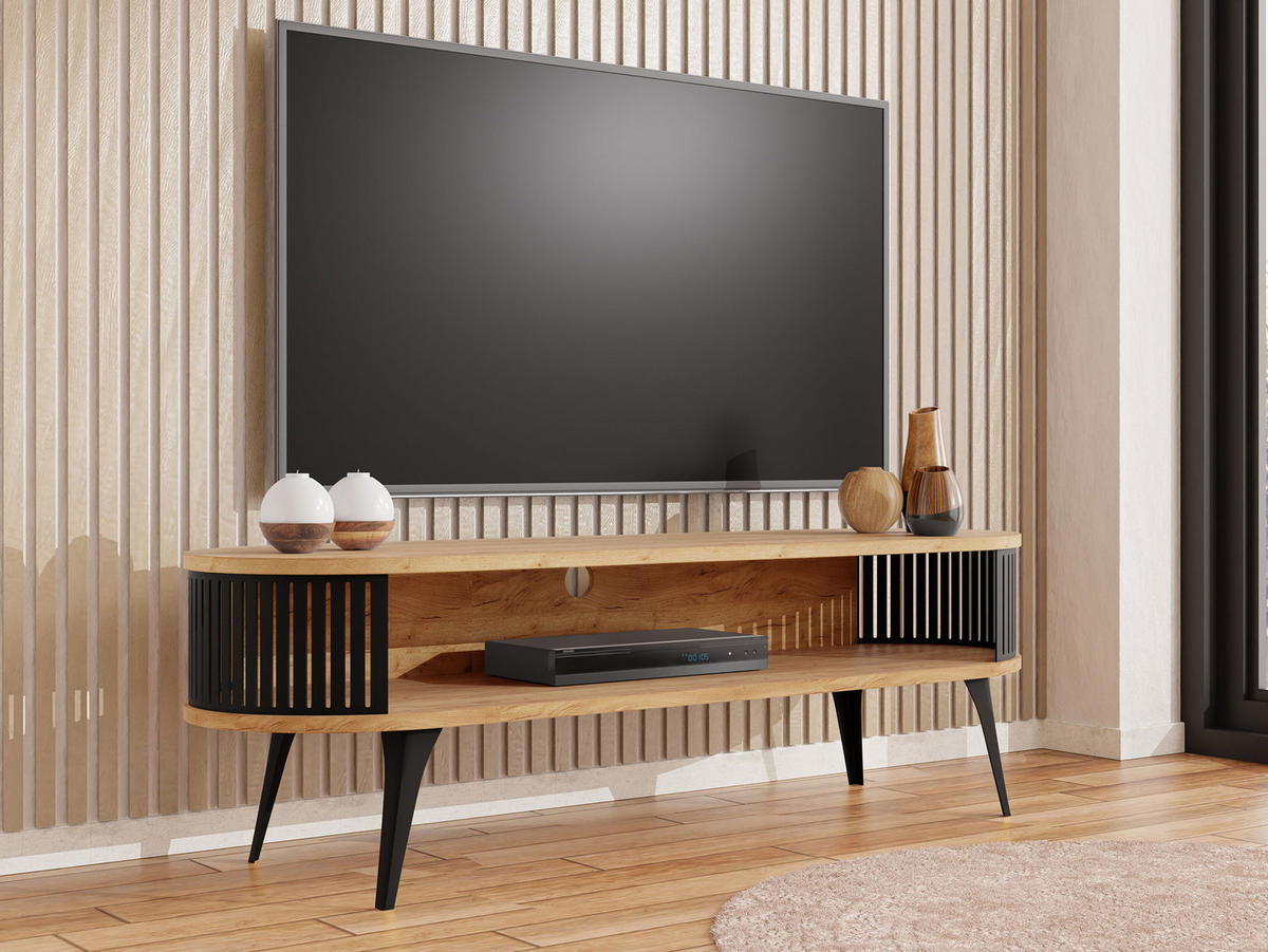 TV-LOWBOARD Roenni Oval - Eichefarben/Schwarz, Holzwerkstoff/Metall (140/44/40cm) - MIRJAN24