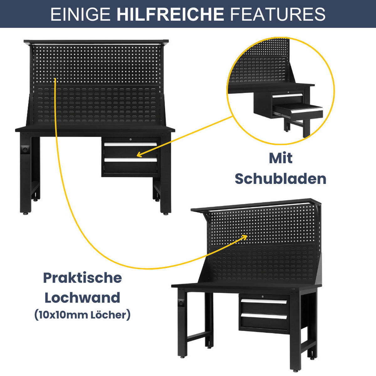 WERKBANK Werkstatt ROBI 170x150x75cm Schwarz Platte Schwarz - Schwarz, Metall (150/170/75cm) - DELUKE