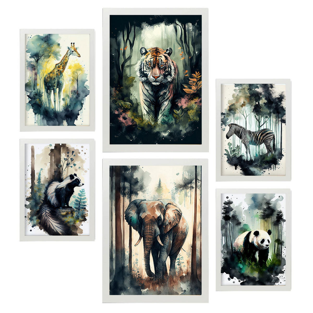 POSTER Set Mit 6 Wilde Welt Illustrationen Von Tieren In Naturlandschaften, Realistischer Aquarellstil Innenarchitektur A3 & A4 Weißer Rahmen - Weiß, Papier (29/3cm) - Nacnic