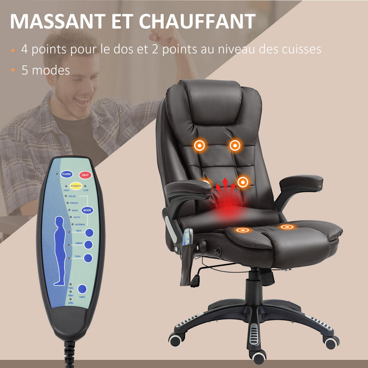 CHEFSESSEL DE-11660 elektrische Massage- & Heizfunktion Braun - Braun, Metall (68/121/62cm) - ComfortXL