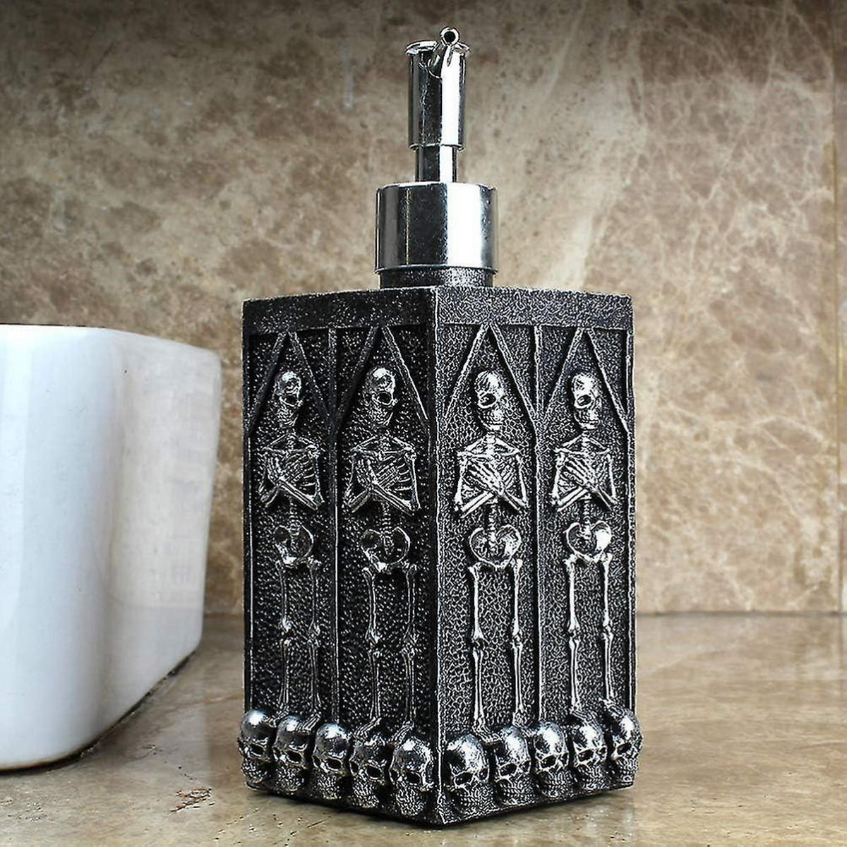SEIFENSPENDER , Totenkopf-Duschgel-Spenderflasche – 460 ml - Silberfarben, Kunststoff (7.5/7.5/20.5cm) - BELZ