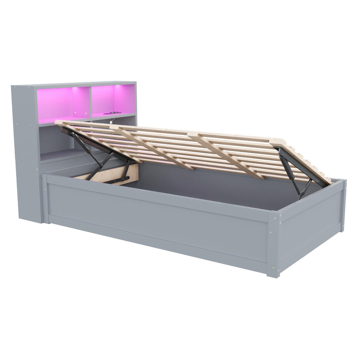 HOLZBETT 90/200 cm mit Kopfteil, LED und Stauraum – inkl. Lattenrost - Grau, Holz (90/200cm) - BEAOK