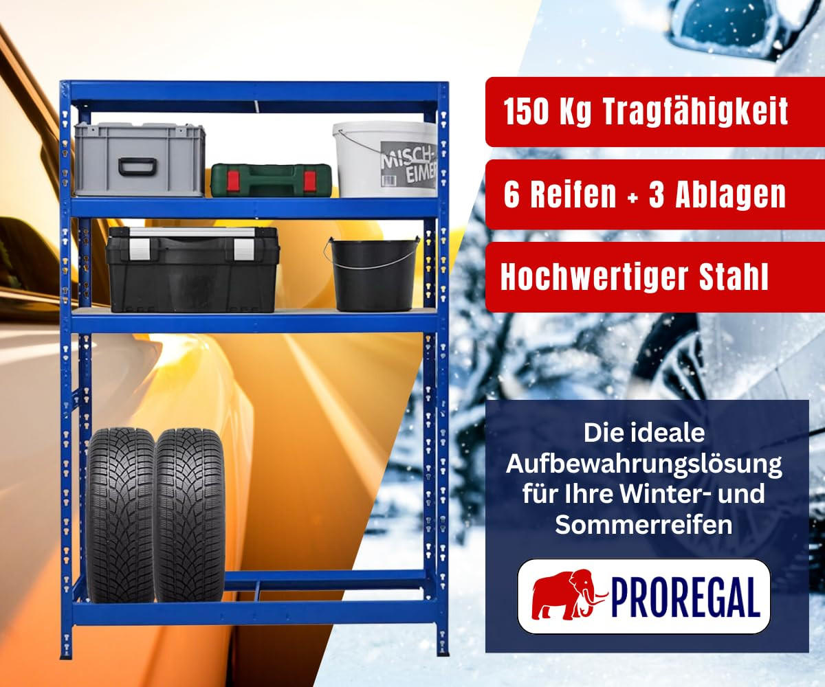 REIFENREGAL Tiger 180x120x40 cm bis zu 6 Reifen auf 1 Ebene + 3 Ablagen Blau - Blau, Metall (120/180/40cm) - PROREGAL