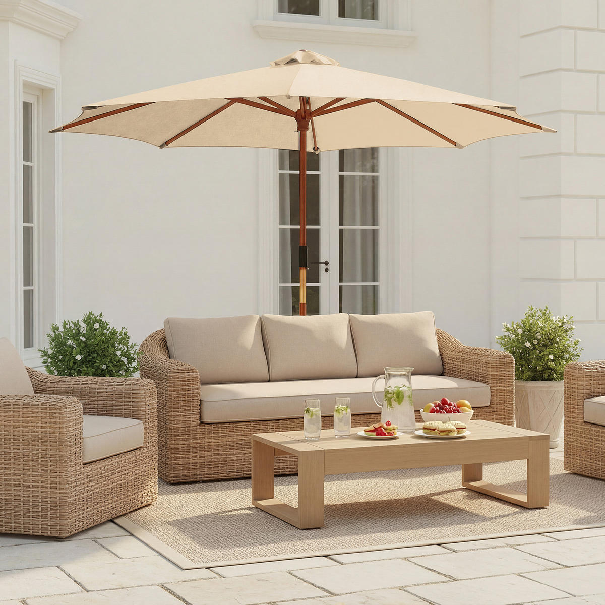 SONNENSCHIRM - Eukalyptus massiv / Polyester - Beige, Holz/Textil (300/300cm) - home24