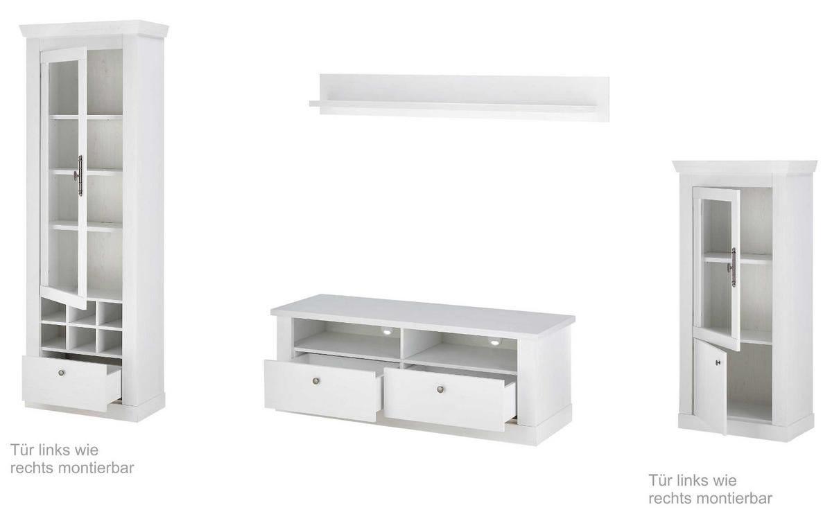 WOHNWAND weiß Pinie Landhaus, Set 4-teilig mit Soft-Close und Beleuchtung - Weiß, Holzwerkstoff/Kunststoff (299/201/45cm) - Furn.Design