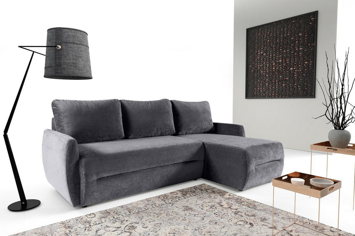 ECKSOFA mit Schlaffunktion KATANIA - Chenille-Stoff Dunkelgrau - Inkl. Bettkasten - Graphitfarben, Textil (225/153cm) - Bettso
