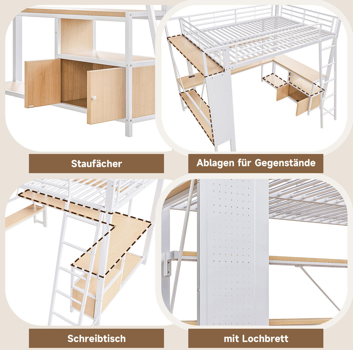 HOCHBETT 140/200 cm in Weiß mit Schreibtisch, Stauraum und LED-Beleuchtung - Weiß, Metall (140/200cm) - Flora Grace