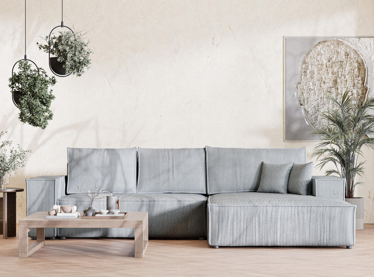 ECKSOFA MIT SCHLAFFUNKTION Maze Hellgrau Samtstoff - Hellgrau/Schwarz, Holz/Holzwerkstoff (294/185cm) - Maison de Reve