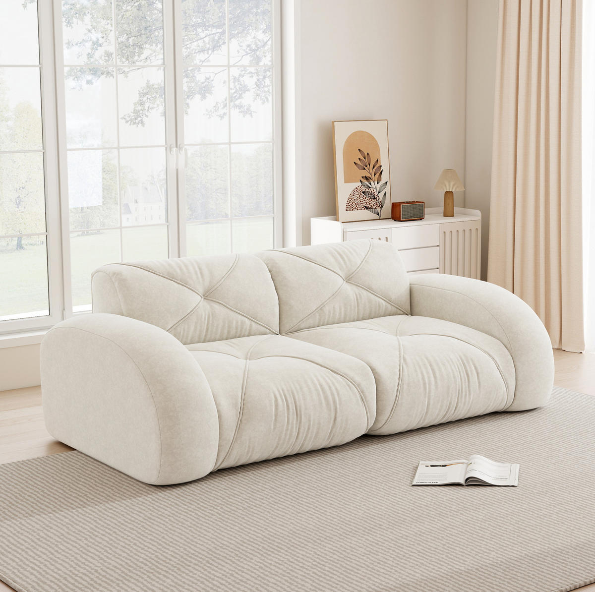 2-SITZER-MODULSOFA aus Chenille Hellbeige rahmenlos, flexibel kombinierbar, mit 32D-Hochdichteschaum und haustierfreundlichem Bezug - Weiß, Textil (204/76/95cm) - Modfu