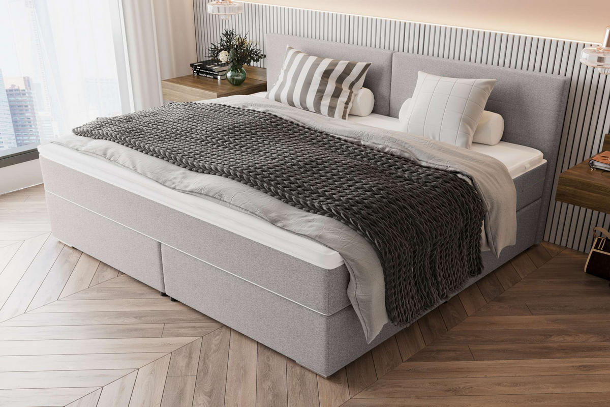 FAMILIENBETT BOXSPRINGBETT Webstoff Hellgrau 260/200 cm - Chromfarben/Hellgrau, Kunststoff/Textil (260/200cm) - 99rooms