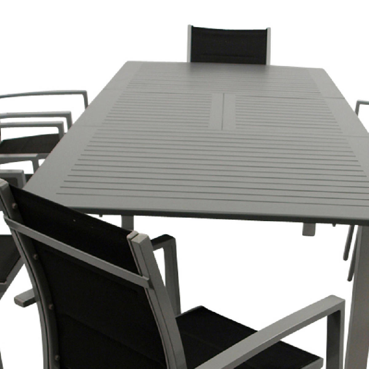 GARTEN-GARNITUR Ashford - 9-teilige Garten-Essgruppe (8x Stapelsessel mit Aluminiumgestell, Bespannung Textillehne schwarz, Ausziehtisch - Schwarz, Metall - TPFGarden